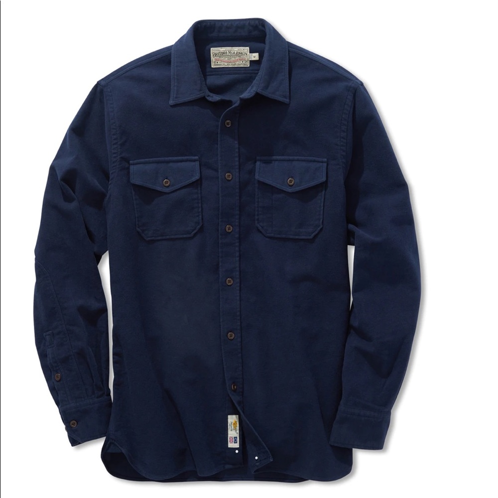 Men’s British Moleskin Guideboat Co. Long Sleeve Button Up Shirt. Navy. Size L